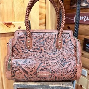 Rein and Bridle Tooled Faux Leather Satchel Handbag in light and dark brown!